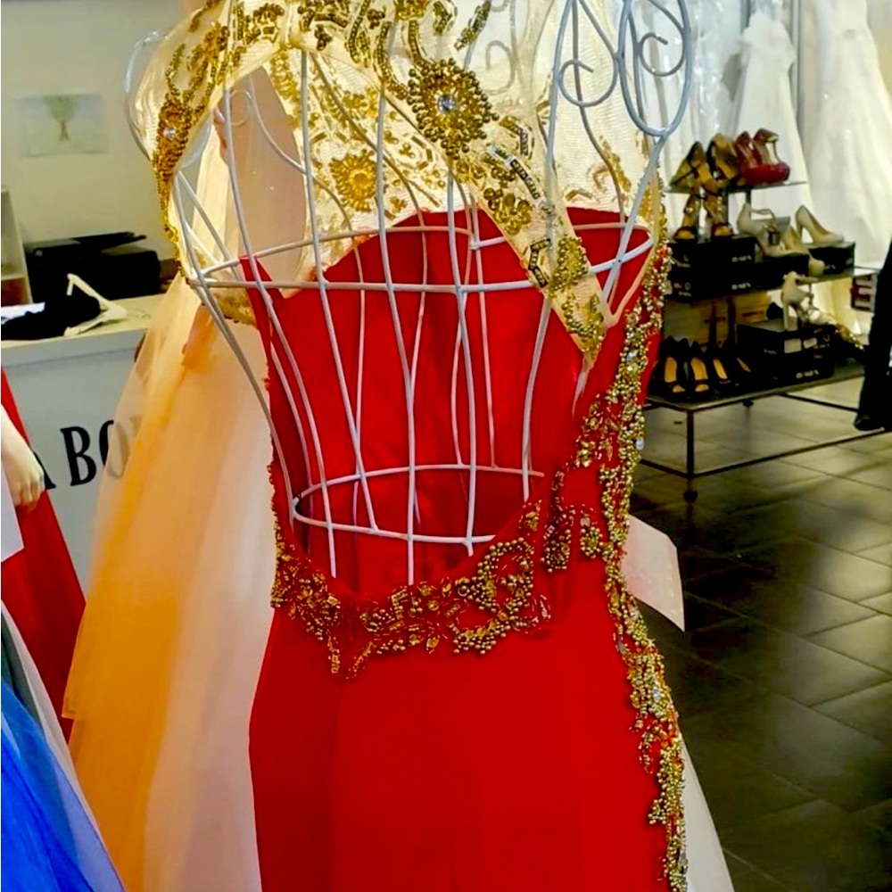 NEW Red gold mesh side split dress evening gown prom dress